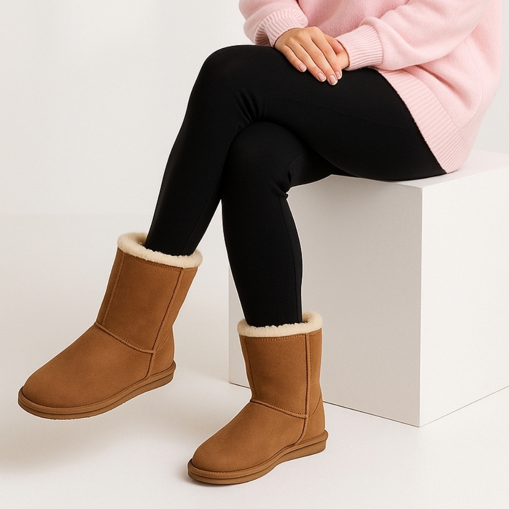 Forever 21 Tan Faux Suede Mid Calf Boots Faux Fur Cozy Winter Casual